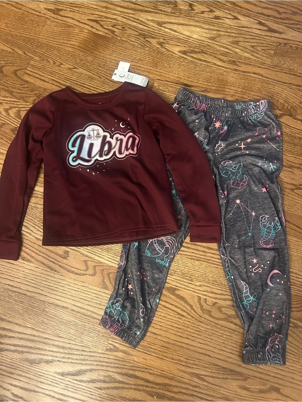 NWT-Justice Girls Maroon Libra Top with Gray Constellation Pants Pajama Set